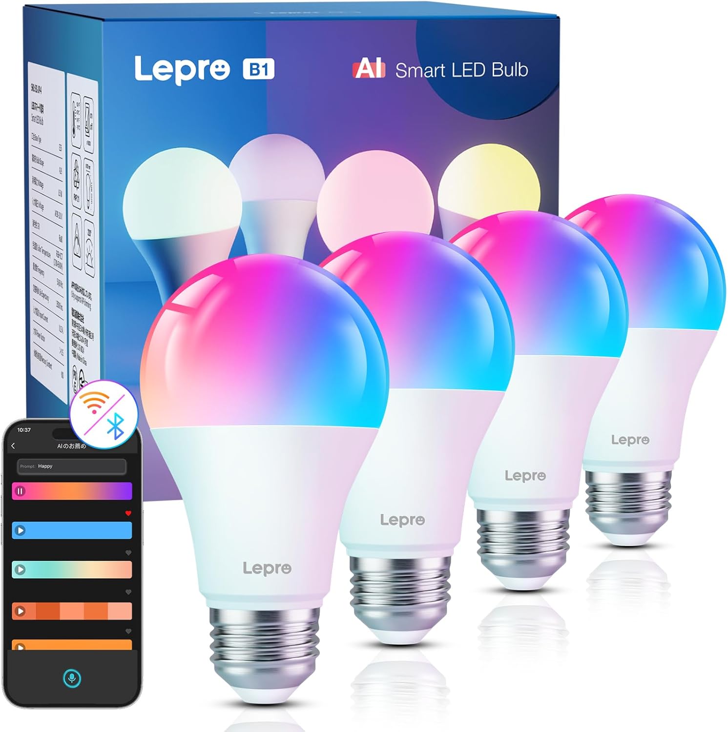 Lepro AI スマート電球 B1 led e26 60W形 4個 Alexa対応 Wi-Fi電球 音楽連動 806lm スマート照明 スマートライト 8.5Ｗ A19 APP 音声操作 電球色 昼白色 昼光色 RGB1600万色 虹色 スマホ連動 led電球 調光 調色 Bluetooth WiFi Google Home対応 スマートホーム 省エネ 間接照明 パーティー