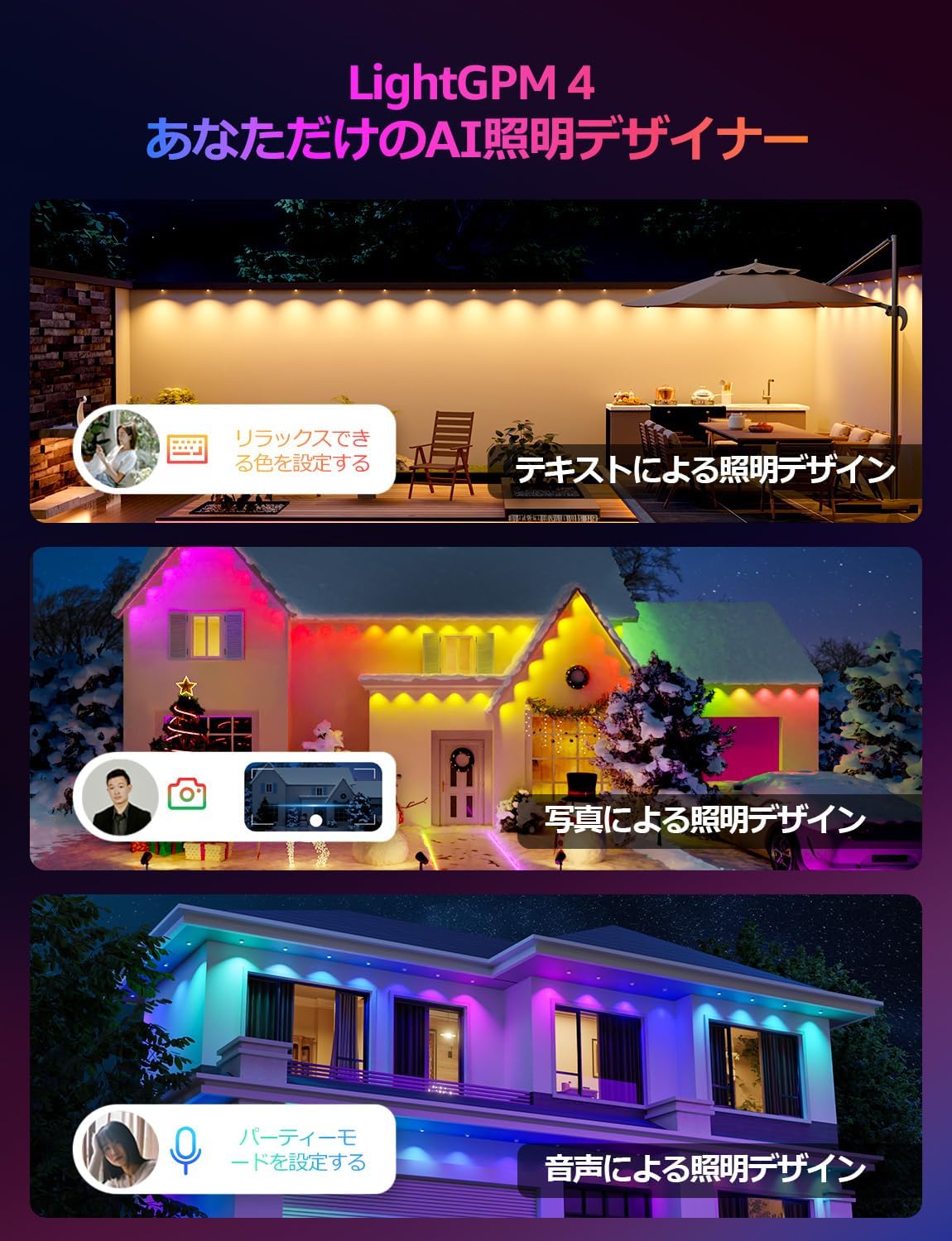 Lepro E1 AI ledストリングライト 30灯 15.3m AI照明デザイナー RGBCW＋IC+昼光色＋電球色 クリスマス 1600万色 調光調色 Alexa/Google Home対応 音楽同期 スマート スポットライト WiFi/Bluetooth対応 虹色 アドレサブル 間接照明 軒先 庭 3M両面テープ付 DIY 防水型【Leproアプリ アカウント登録要】[E1-30-JP]