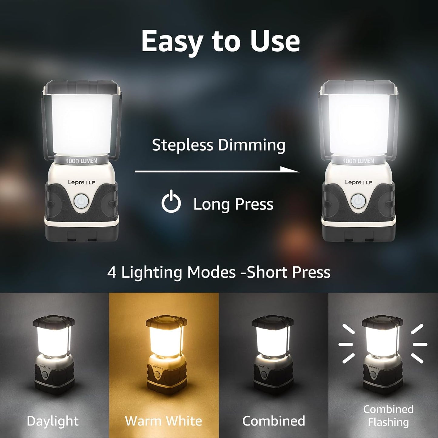Lepro LED ランタン キャンプランタン 【超高輝度 1000ルーメン/実用点灯12-240時間/電池式/昼光色・昼白色・電球色切替/4つ点灯モード/無段階調光調色/防滴仕様】ソロキャンプ アウトドア キャンプ 登山 夜釣り 防災 停電 緊急 非常用 LEDランタン ホワイト[3300002-WH]