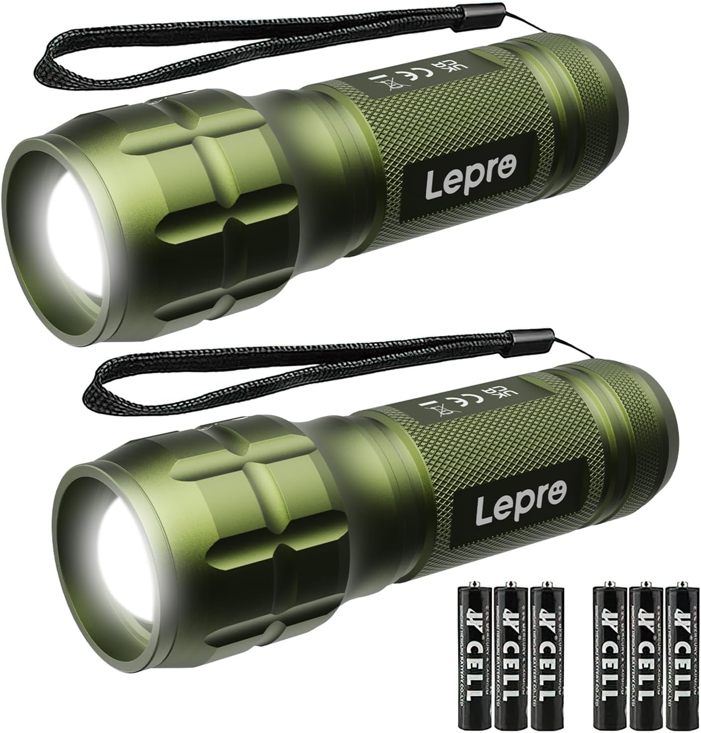 LED 懐中電灯 フラッシュライト ハンディライト 高輝度チップ搭載 ズーム調節 軽量 小型 電池式 単四電池付き 防災 停電対策 緊急用 キャンプ 登山 夜釣り グリーン 2個入り (1200012-G-2)