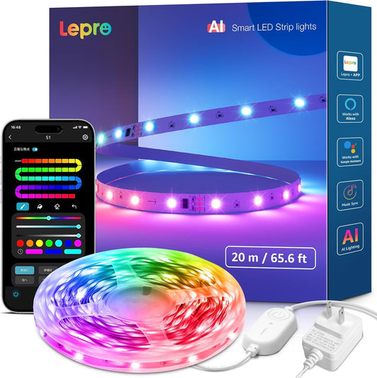 Lepro S1 AI ledテープライト 20m AI照明デザイナー MagicColor 流れるテープ クリスマス 1600万色 調光調色 Alexa/Google Home対応 音楽同期 600連 スマート テープライト WiFi/Bluetooth対応 虹色 アドレサブル RGB 間接照明 両面テープ付 DIY 非防水【Leproアプリ アカウント登録要】
