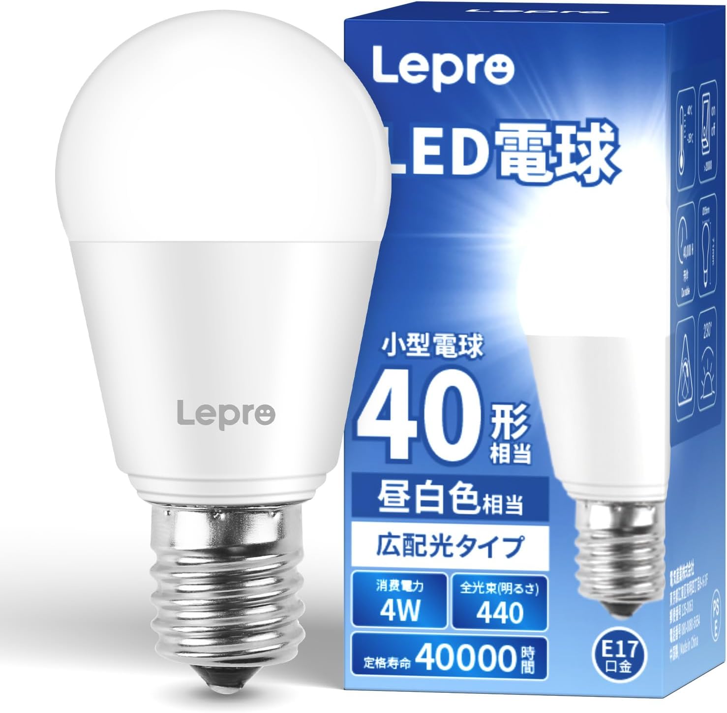 【E17】Lepro LED電球 E17 ミニクリプトン電球 40W形 1個入り 440lm 電球色 3000K 口金直径17mm 非調光型 LED 小形電球 広配光タイプ 高演色性 PSE認証済み 密閉器具対応 省エネ キッチン 台所 トイレ リビング ダイニング 脱衣所 寝室 廊下 玄関照明用