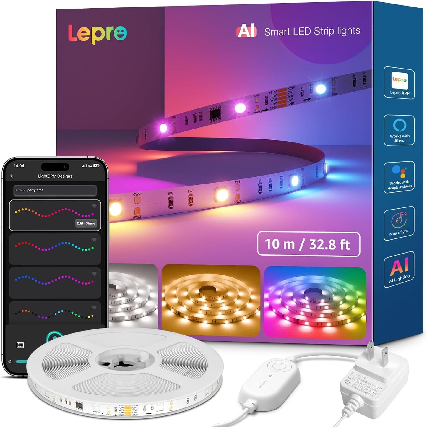 Lepro S2 AI ledテープライト RGBCW+IC 10m AI照明デザイナー アレクサ対応 RGB+電球色+昼白色 クリスマス 1600万色 流れるテープ 切断可能 虹色 アドレサブル Alexa/Google Home対応 音楽同期 間接照明 スマート テープライト Wi-Fi Bluetoothに対応 両面テープ付 DIY 【Leproアプリ アカウント登録要】[S2-10-JP]