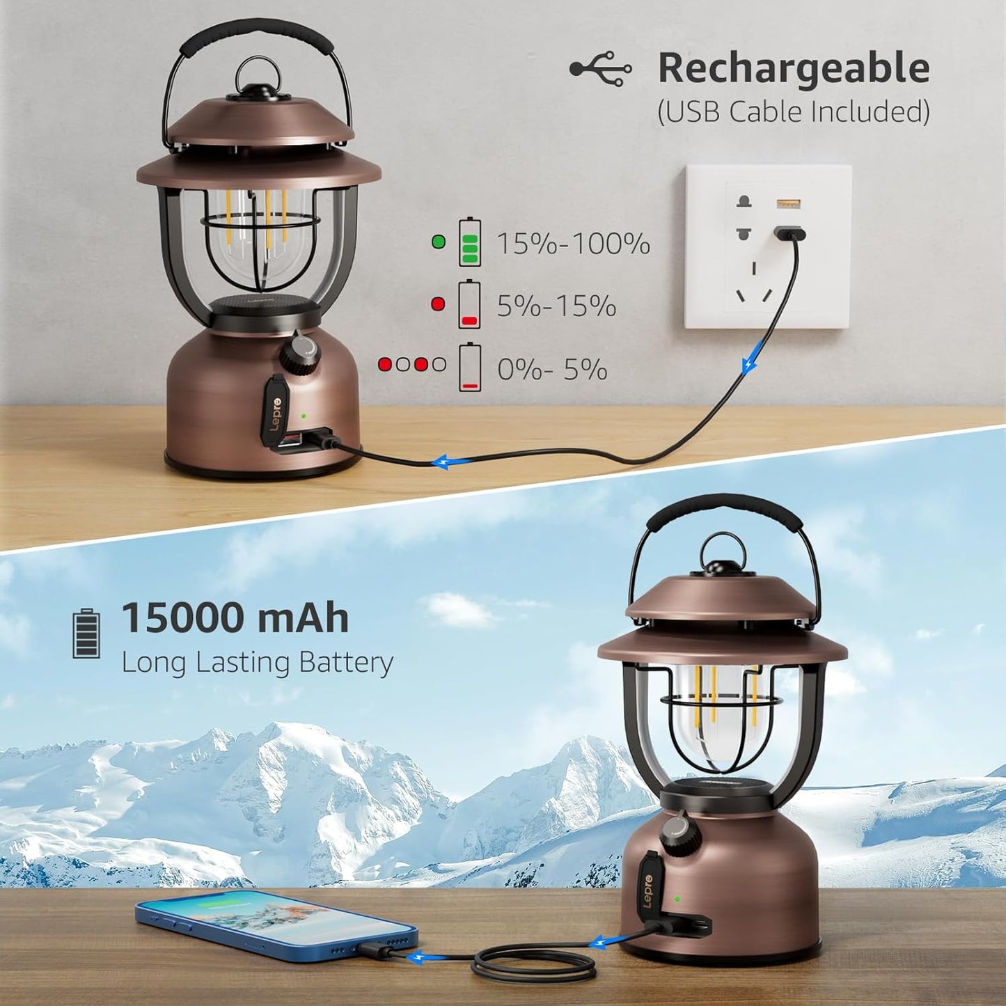 Lepro ランタン Type-C USB充電式 15000mAh レトロ LEDランタン おしゃれ キャンプランタン アンティーク風 ソロキャンプ【連続点灯336時間/超高輝度1000ルーメン/暖色と白色切替/無段階調光/モバイルバッテリー機能/電池残量インジケータ付き】クラシカル らんたん アウトドア キャンプ 登山 夜釣り 防災 停電 緊急 非常用