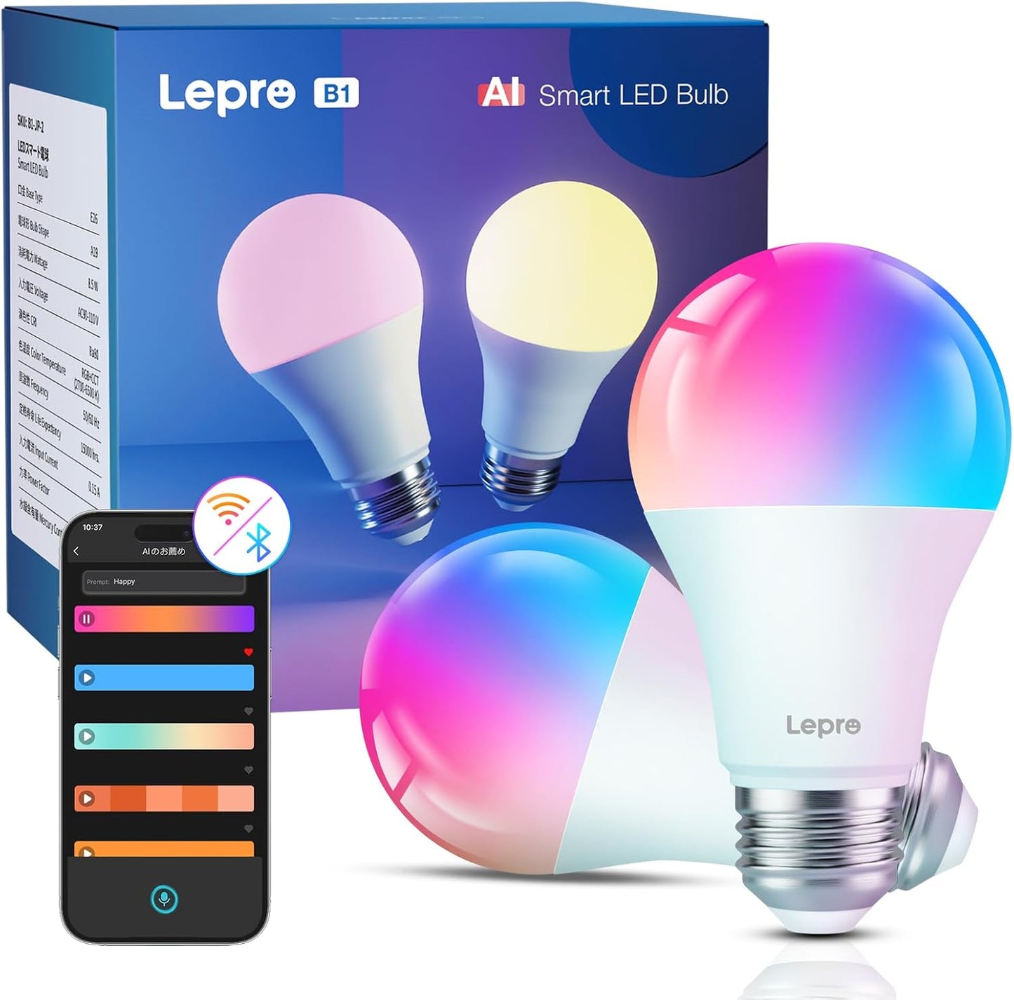 【compatible with Alexa】Lepro AI スマート電球 B1 Wi-Fiライト電球 2個 led電球 E26 60W 【電球色・昼白色・昼光色・虹色・RGBCCT マルチカラー 1600万色/806lm超明るい/Alexa電球/調光電球/8.5W省エネ】スマート led 電球 音楽同期 間接照明 Google Home/Alexa対応 スマートライト