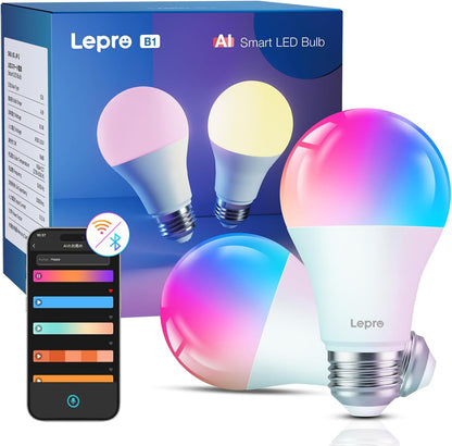 【compatible with Alexa】Lepro AI スマート電球 B1 Wi-Fiライト電球 2個 led電球 E26 60W 【電球色・昼白色・昼光色・虹色・RGBCCT マルチカラー 1600万色/806lm超明るい/Alexa電球/調光電球/8.5W省エネ】スマート led 電球 音楽同期 間接照明 Google Home/Alexa対応 スマートライト