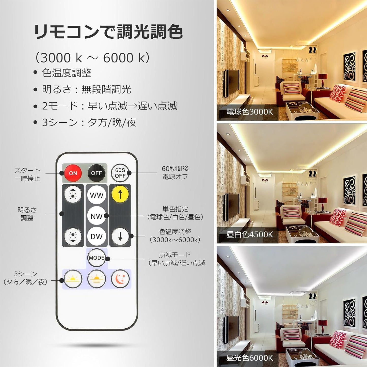 Lepro テープライト led 5m 12V 電球色・昼白色・昼光色 明るさ調整 間接照明 リモコン付き 調光調色 イルミネーションライト 3ピン 2835SMD カット可能 取付簡単 非防水 店舗 室内 ホーム装飾用 DIY