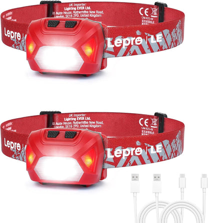 Lepro ヘッドライト 充電式 USB-C 高輝度300ルーメン LED ヘッドランプ 2個セット 【スポット・ワイドビーム切替/赤色サブライト搭載/実用点灯4～15時間/IPX4防水】 夜釣り 最適 登山 キャンプ 散歩 作業 釣り アウトドア 災害 停電用 小型 軽量（レッド）