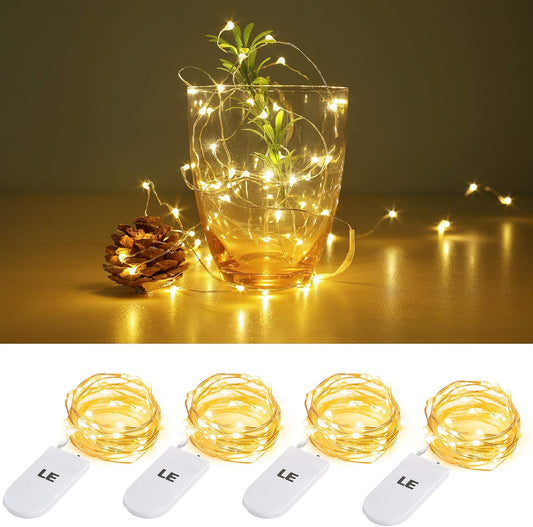 Lighting EVER LEDストリングライト 電池式フェアリーライト LEDイルミネーション 1m 20LED 電球色 防水銅線ワイヤー ハロウィン 飾り付け クリスマス飾り 結婚式 パーティー 装飾ライト クリスマスツリー電飾 おしゃれ 4個パック ボタン電池8個付属