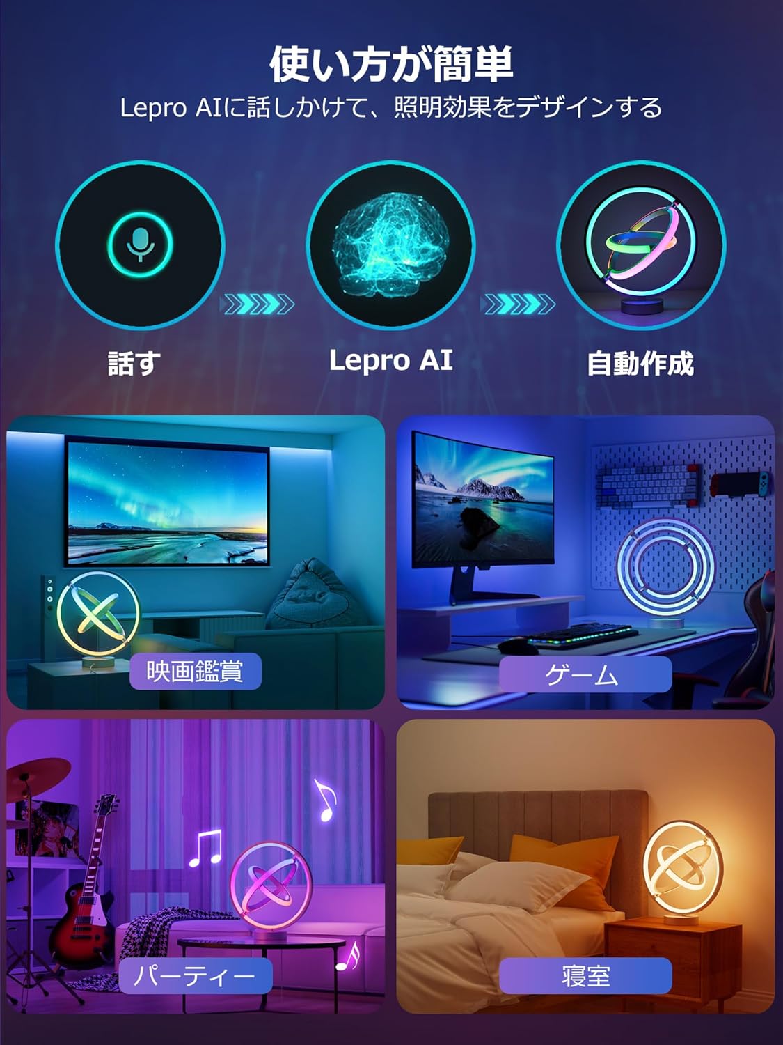 Lepro TB1 AI デスクライト テーブルランプ ledテーブルライト AI照明【Compatible with Alexa/虹色/1600万色/音声操作/音楽同期/BlueTooth&Wi-Fi/Google Home対応】 間接照明 インテリア スマート照明 ベッドサイドランプ おしゃれ ゲーミング/雰囲気作り/クリスマス/インテリア装飾/パーティー/誕生日 プレゼント （惑星タイプ）