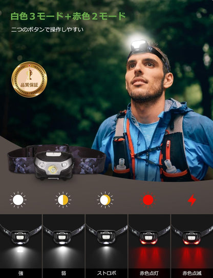 Lepro ヘッドライト 充電式 300lm高輝度 ledヘッドライト 釣り ヘッドランプ USB-C充電 登山 白＆赤 ledライト【5つ点灯モード/3時間満充電/実用点灯37時間】 防水 照射角度調整可 軽量 キャンプ 散歩 アウトドア 災害 停電用
