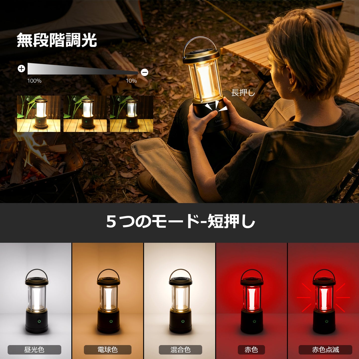 Lepro LEDランタン 【超高輝度2000ルーメン】 電池式・充電式 2way給電 20W 無段階調光 4色切替（昼光色・電球色・混合・赤色点滅） IPX4防水 連続点灯20時間 Type-C充電式 単3電池対応可 モバイルバッテリー機能 キャンプランタン 防災 停電 台風対策 登山 夜釣り アウトドア ライト ブラック