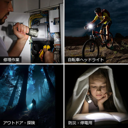 LED 懐中電灯 フラッシュライト ハンディライト 高輝度チップ搭載 ズーム調節 軽量 小型 電池式 単四電池付き 防災 停電対策 緊急用 キャンプ 登山 夜釣り グレー(1200012-A)