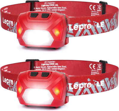 Lepro ヘッドライト 電池式 LED ヘッドランプ 高輝度 ledヘッドライト 2個セット 6種点灯モード 単4形電池対応【赤＆白ライト/スポット・ワイドLED搭載/SOS点滅/実用点灯22時間/IPX4防水/角度調整可/CE ROHS認証済み】 釣り 登山 キャンプ アウトドア 災害 停電用 散歩 作業 小型 夜釣りに最適 ヘッド ライト（レッド）