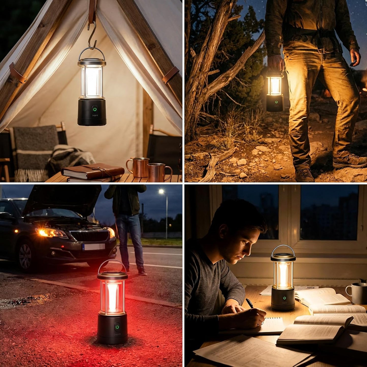 Lepro LEDランタン 電池式 【超高輝度1100ルーメン/無段階調光】 キャンプランタン 単3電池対応 4色切替（昼光色・電球色・混合・赤色点滅） IPX4防水 連続点灯45時間 高輝度 大光量 防災 停電 台風対策 登山 夜釣り アウトドア ライト ブラック