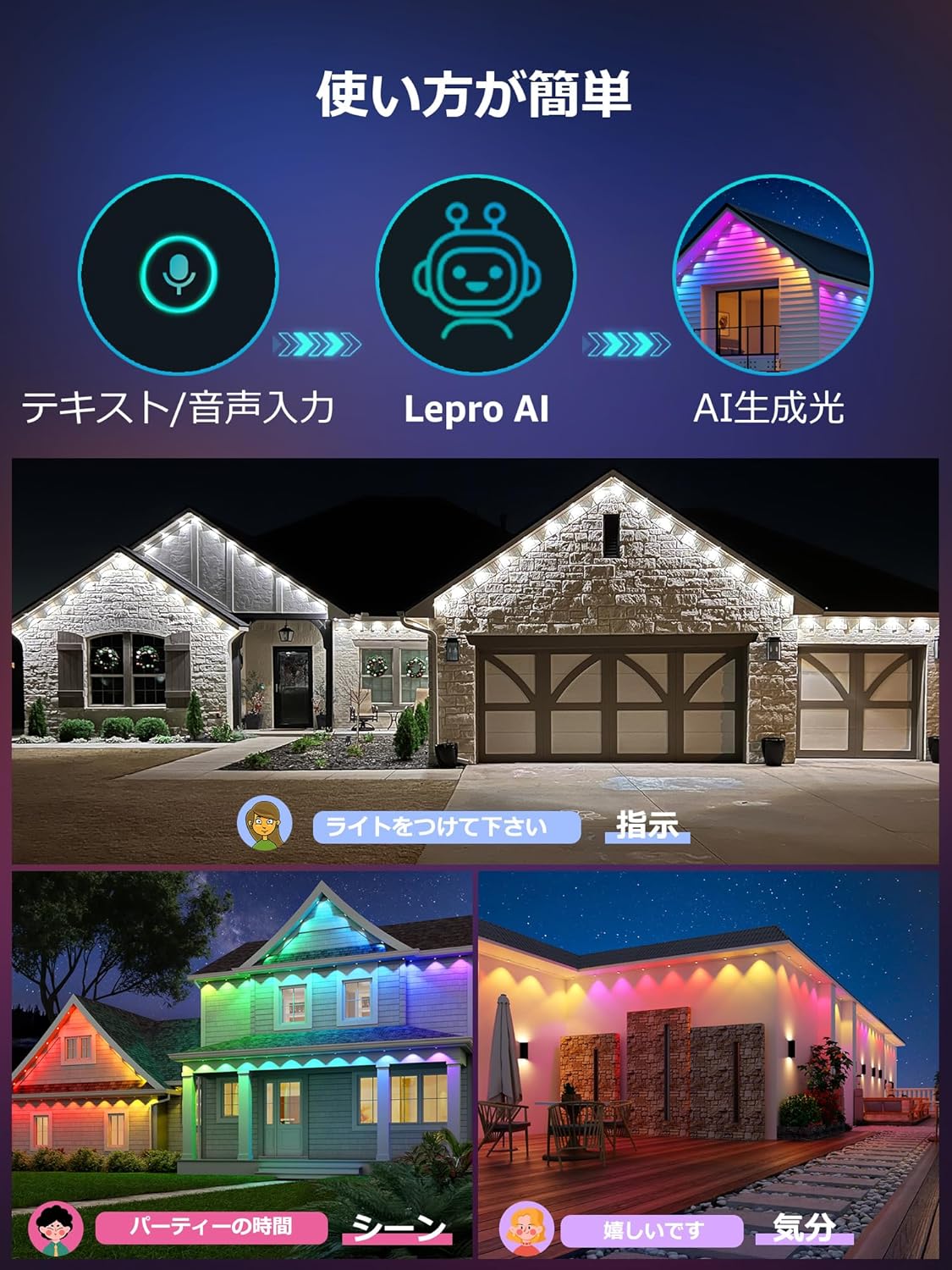 Lepro E1 AI ledストリングライト 30灯 15.3m AI照明デザイナー RGBCW＋IC+昼光色＋電球色 クリスマス 1600万色 調光調色 Alexa/Google Home対応 音楽同期 スマート スポットライト WiFi/Bluetooth対応 虹色 アドレサブル 間接照明 軒先 庭 3M両面テープ付 DIY 防水型【Leproアプリ アカウント登録要】[E1-30-JP]