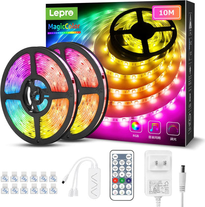 Lepro ledテープライト RGBIC 虹色 MagicColor 流れるテープ 10m アドレサブル テープ ミュージックセンサー搭載 音に反応 動きのある 音楽ledテープ RGB 非防水 20キーリモコン 調光調色 SMD5050 300LED クリスマス 飾り 間接照明 両面テープ DIY 店舗 ホーム カラオケ ゲーム室 装飾 テープライト