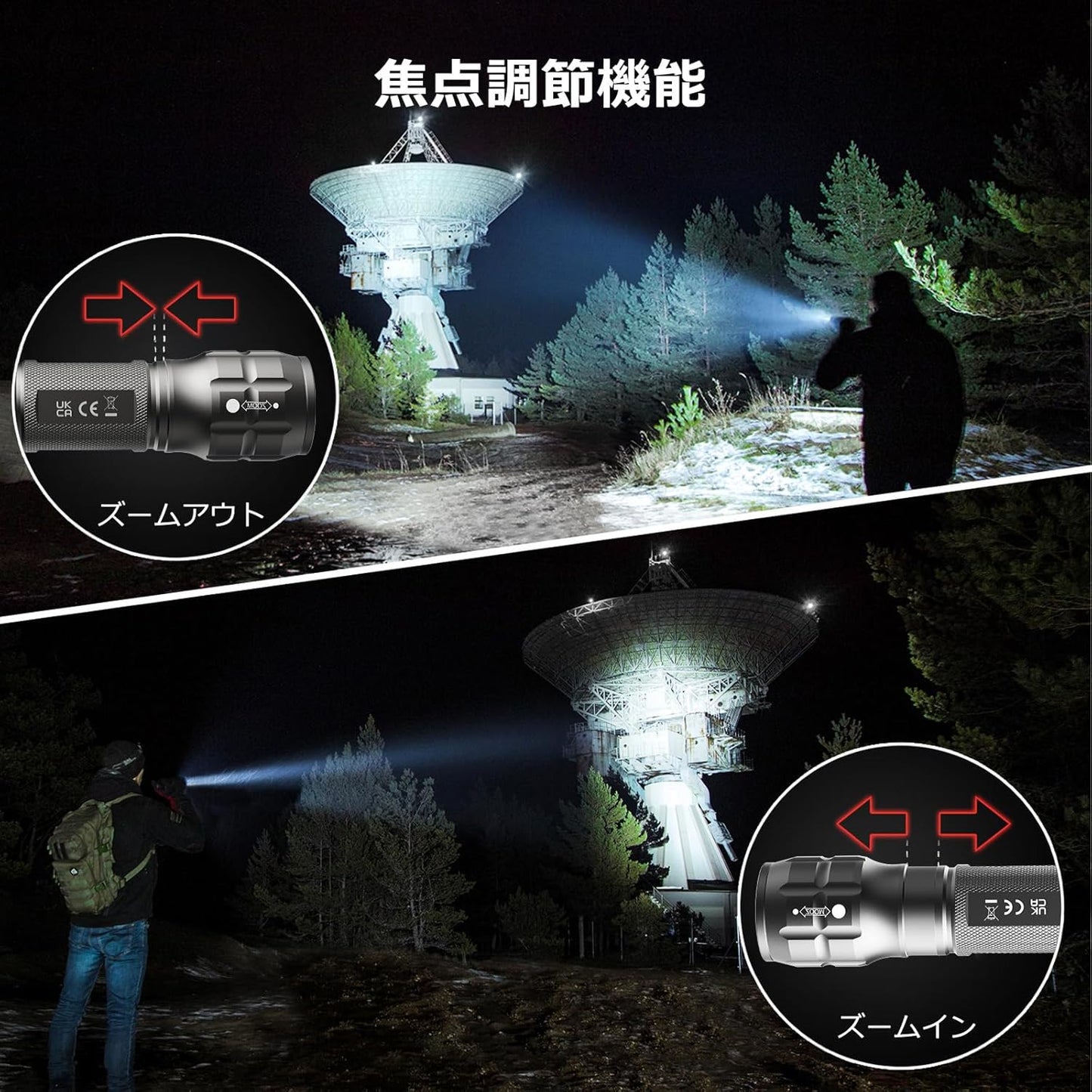 LED 懐中電灯 フラッシュライト ハンディライト 高輝度チップ搭載 ズーム調節 軽量 小型 電池式 単四電池付き 防災 停電対策 緊急用 キャンプ 登山 夜釣り グレー(1200012-A)