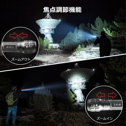 LED 懐中電灯 フラッシュライト ハンディライト 高輝度チップ搭載 ズーム調節 軽量 小型 電池式 単四電池付き 防災 停電対策 緊急用 キャンプ 登山 夜釣り グレー(1200012-A)