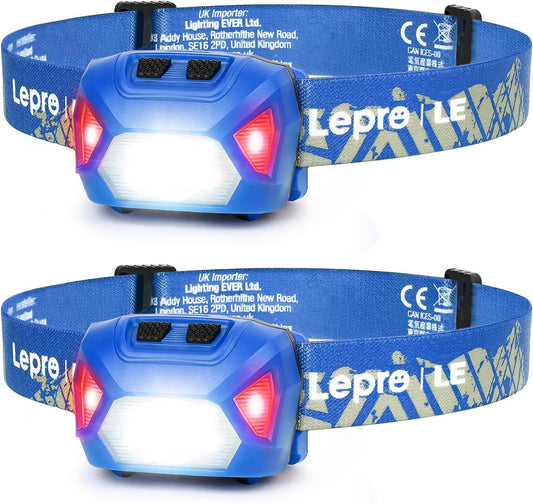 Lepro ヘッドライト LED ヘッドランプ 高輝度 ledヘッドライト 電池式 2個セット 6種点灯モード 単4形電池対応【赤＆白ライト/スポット・ワイドLED搭載/SOS点滅/実用点灯22時間/IPX4防水/角度調整可/CE ROHS認証済み】 釣り 登山 キャンプ アウトドア 災害 停電用 散歩 作業 小型 夜釣りに最適 ヘッド ライト（ブルー）